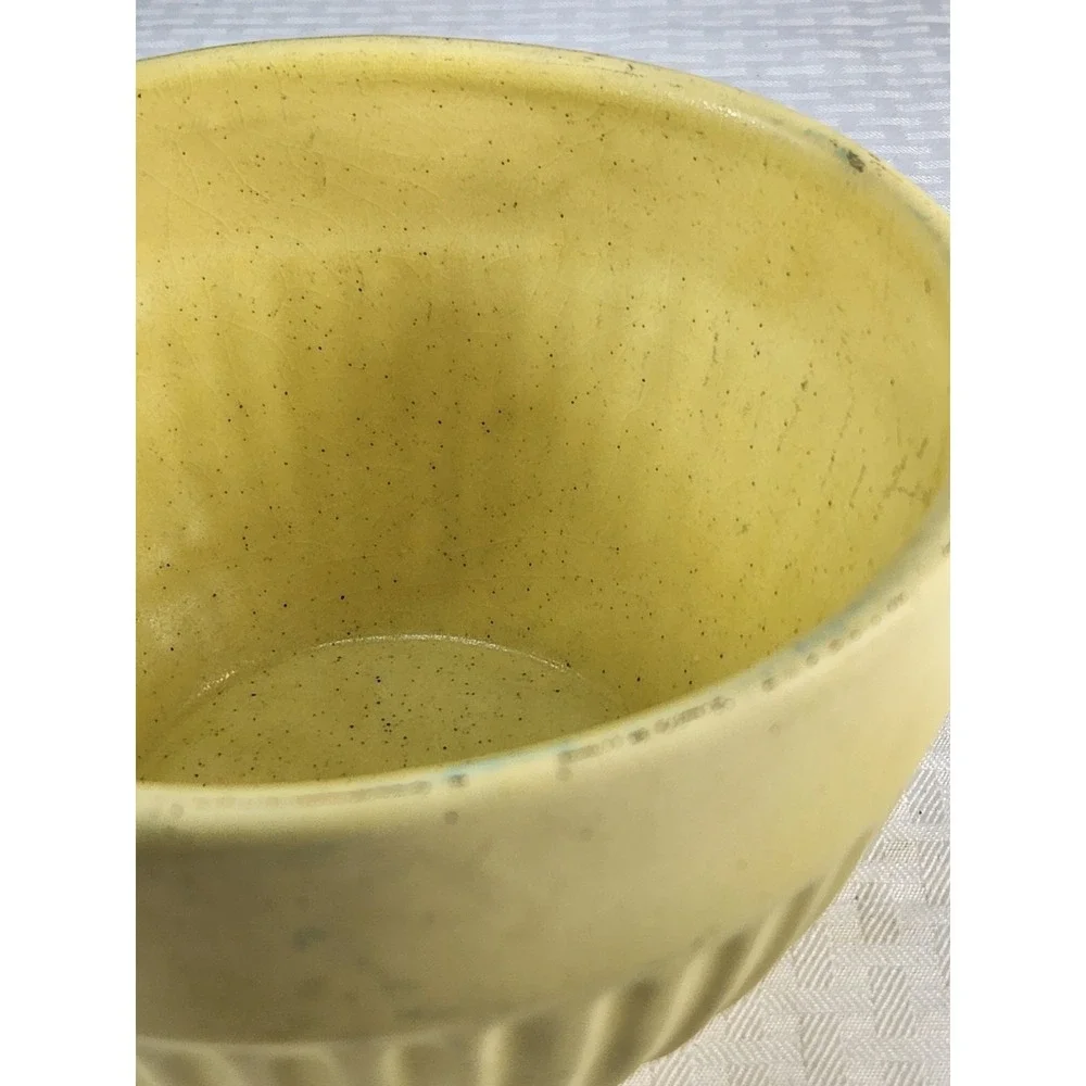 Vintage Ribbed Mustard Yellow Splash Of Green Stoneware Mixing Bowl Matte Signed